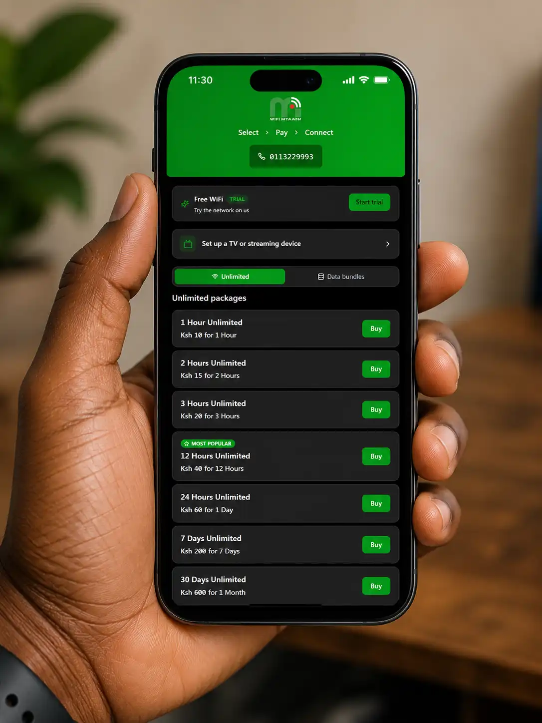clean view of hand holding phone showing cheapest wifi mtaani hotspot packages on centipid hotspot captive portal 