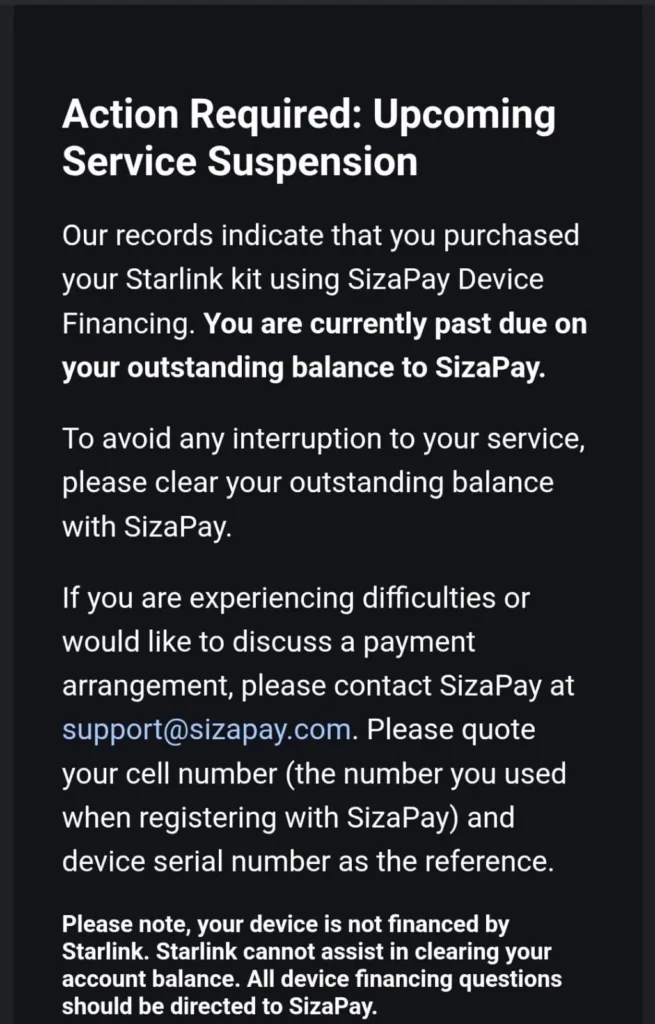 Example of a Starlink warning informing a user that their financed kit has overdue payments and may be suspended