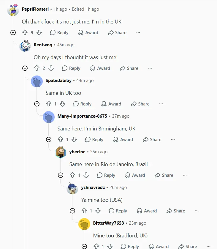 Image of reddit users from different countries complaining about Whatsapp down. Not uploading images